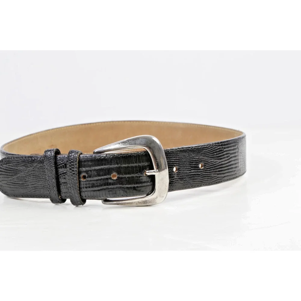 Vintage Black Genuine Lizard Leather Belt Silver Western Buckle Medium Size M